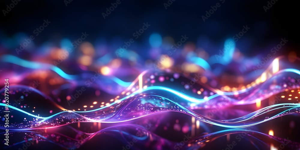 abstract background with pink blue glowing neon lines and bokeh lights. Data transfer concept. Digital wallpaper, AI Generative - obrazy, fototapety, plakaty 