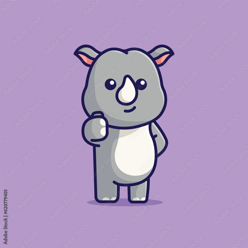 Fototapeta premium Cute rhinoceros thumbs up simple cartoon vector illustration animal nature icon