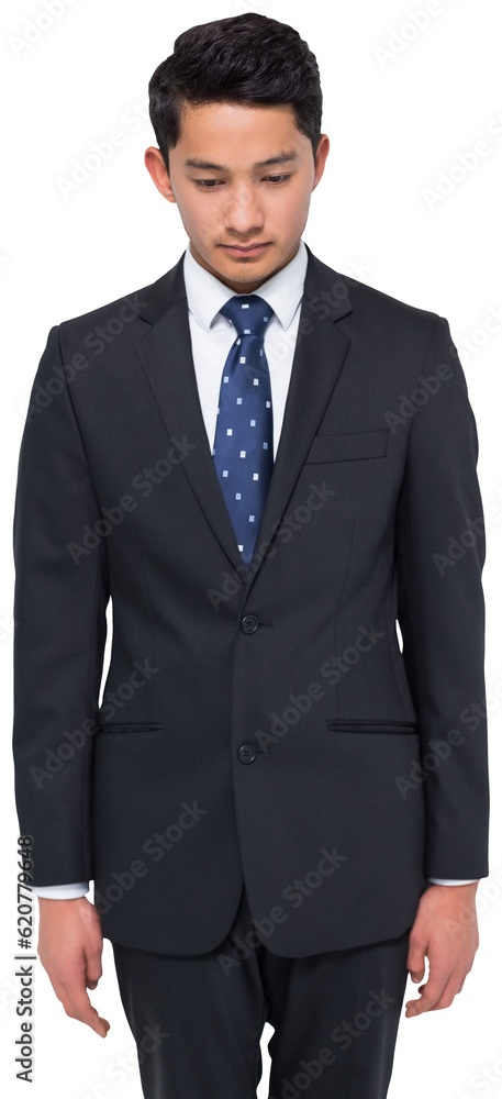 Digital png photo of sad asian businessman looking down on transparent background Digital png photo of sad asian businessman looking down on transparent background