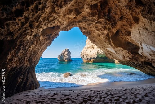 View of the paradise beach on the aegean coast of greece cave in the sea photography