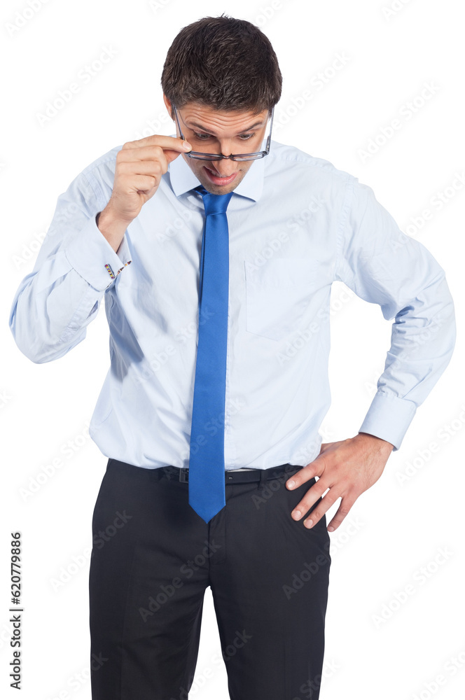 Digital png photo of surprised caucasian businessman looking down on transparent background Digital png photo of surprised caucasian businessman looking down on transparent background