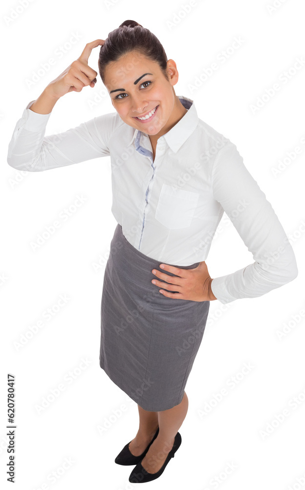 Digital png photo of happy hispanic businesswoman scratching head on transparent background Digital png photo of happy hispanic businesswoman scratching head on transparent background