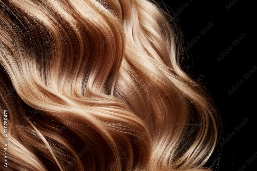 Curly Blonde Hair Close-up isolated on black background. Generative AI. Curly Blonde Hair Close-up isolated on black background. Generative AI.