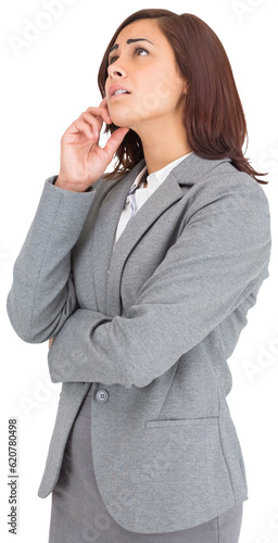 Digital png photo of confused hispanic businesswoman looking up on transparent background