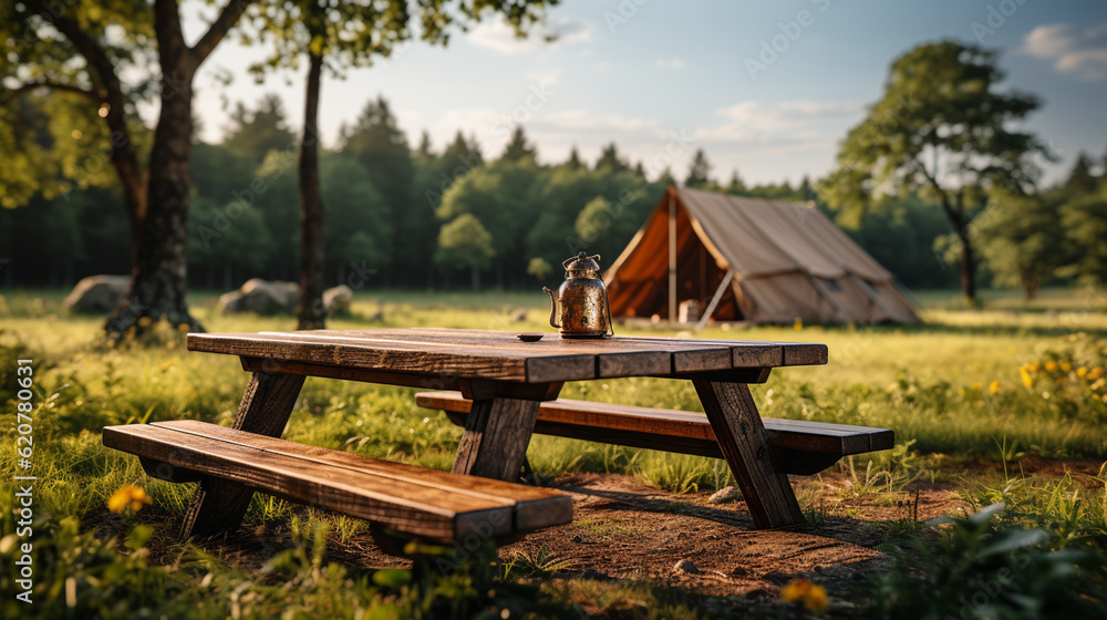 Wooden table top on blur tent camping travel tent. Generative Ai Wooden table top on blur tent camping travel tent. Generative Ai