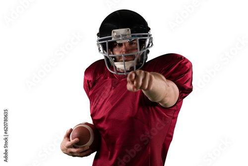Digital png photo of biracial american football player pointing finger on transparent background