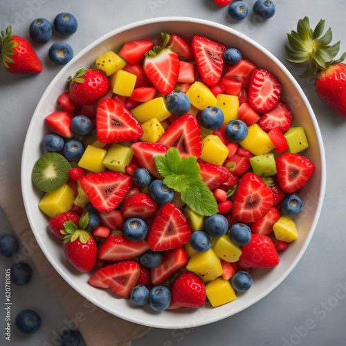 A vibrant bowl of refreshing fruit salad, featuring a colorful medley of freshly cut fruits such as strawberries, watermelon, pineapple, and kiwi