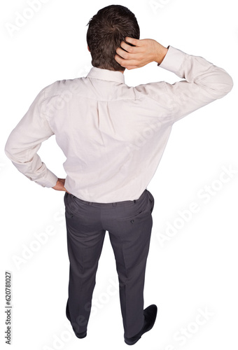 Digital png photo of back view of caucasian businessman tinking on transparent background