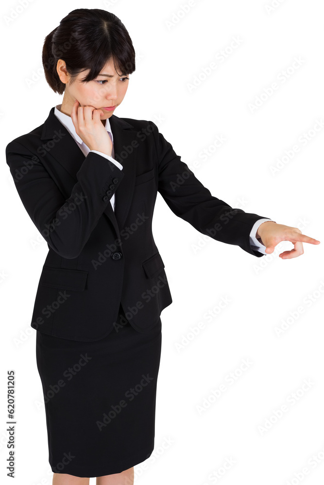 Digital png photo of thinking asian businesswoman pointing finger on transparent background Digital png photo of thinking asian businesswoman pointing finger on transparent background