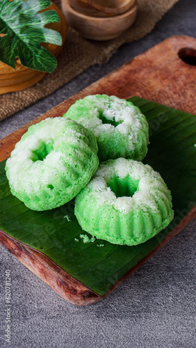Photography Indonesian traditional cake it called Putu ayu cake or kue putu ayu is sweety ca
