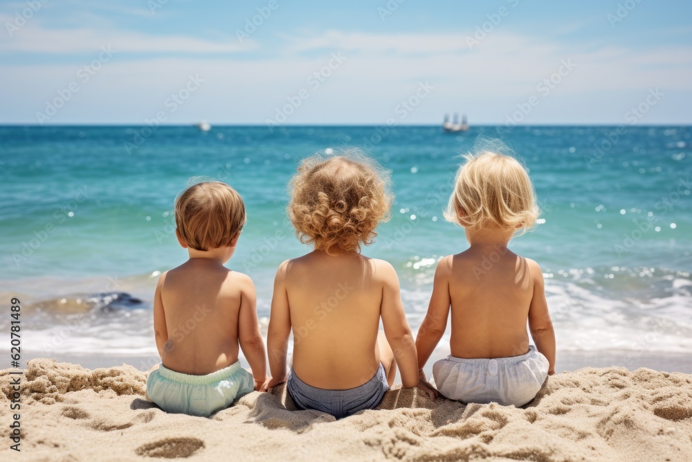 Children sitting on the sea beach in sunny day. Back view. 