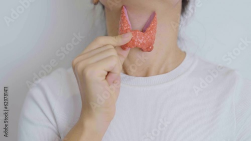 Woman holding human Thyroid anatomy model with her Neck. Hyperthyroidism, Hypothyroidism, Hashimoto Thyroiditis, Thyroid Tumor and Cancer, Postpartum, Papillary Carcinoma and Health concept