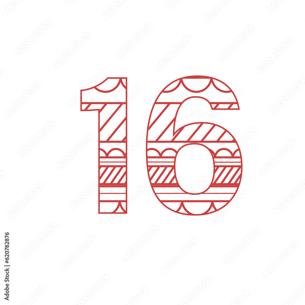 Digital png illustration of red 16 number with pattern on transparent