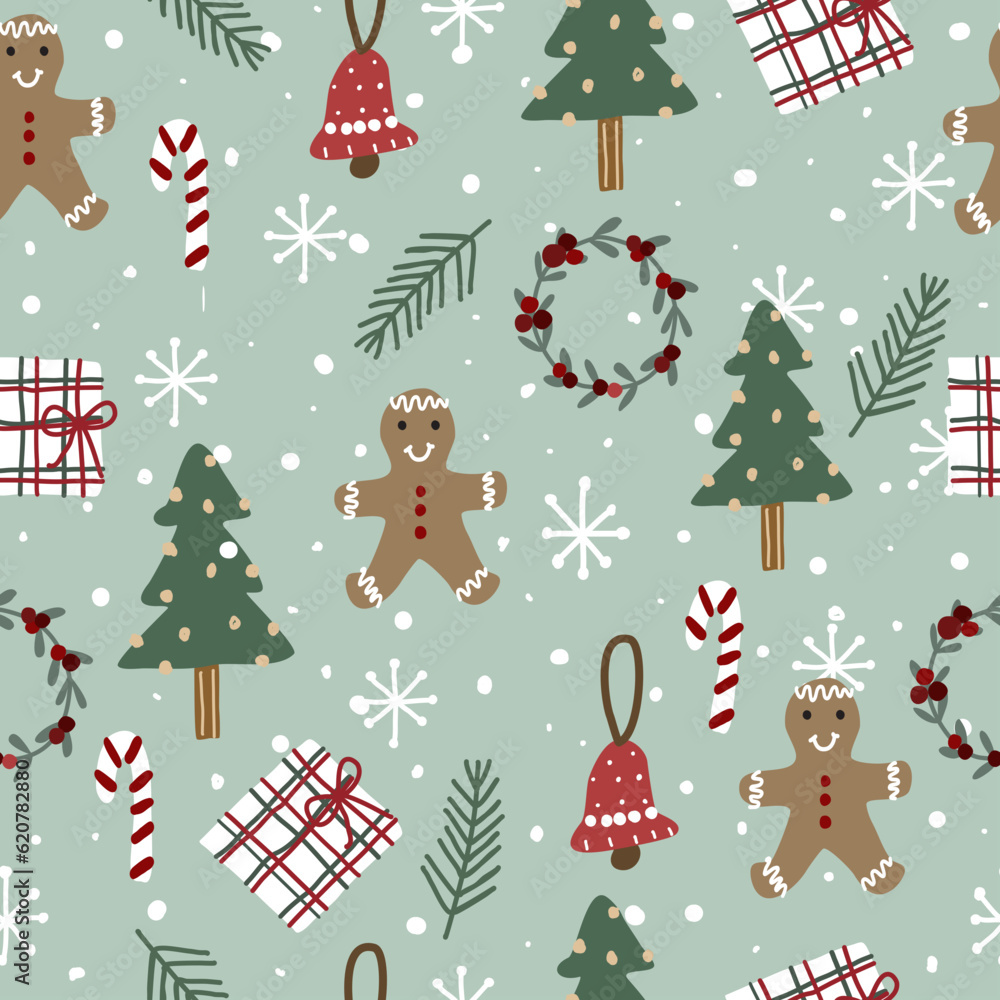 Christmas seamless pattern with Christmas tree, bell, presents, chocolate buns, berries, pine leaves, snow and snowflakes on a green background.
