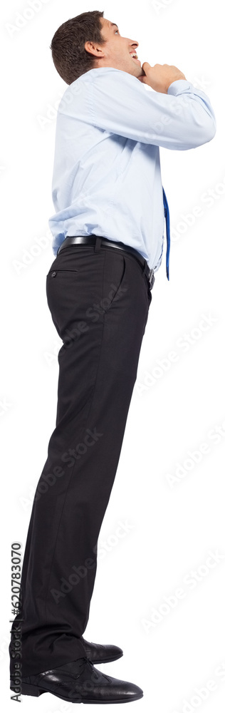 Digital png photo of happy caucasian businessman looking up on transparent background Digital png photo of happy caucasian businessman looking up on transparent background