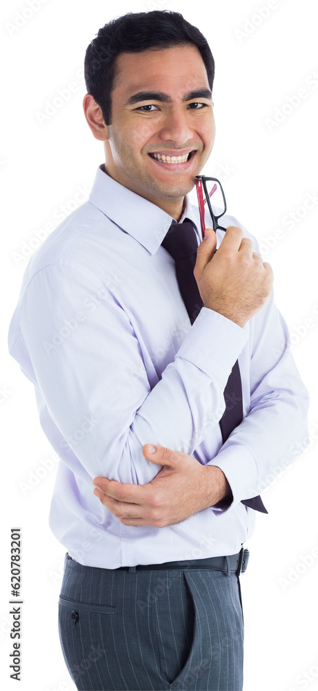 Digital png photo of happy caucasian businessman holding glasses on transparent background Digital png photo of happy caucasian businessman holding glasses on transparent background