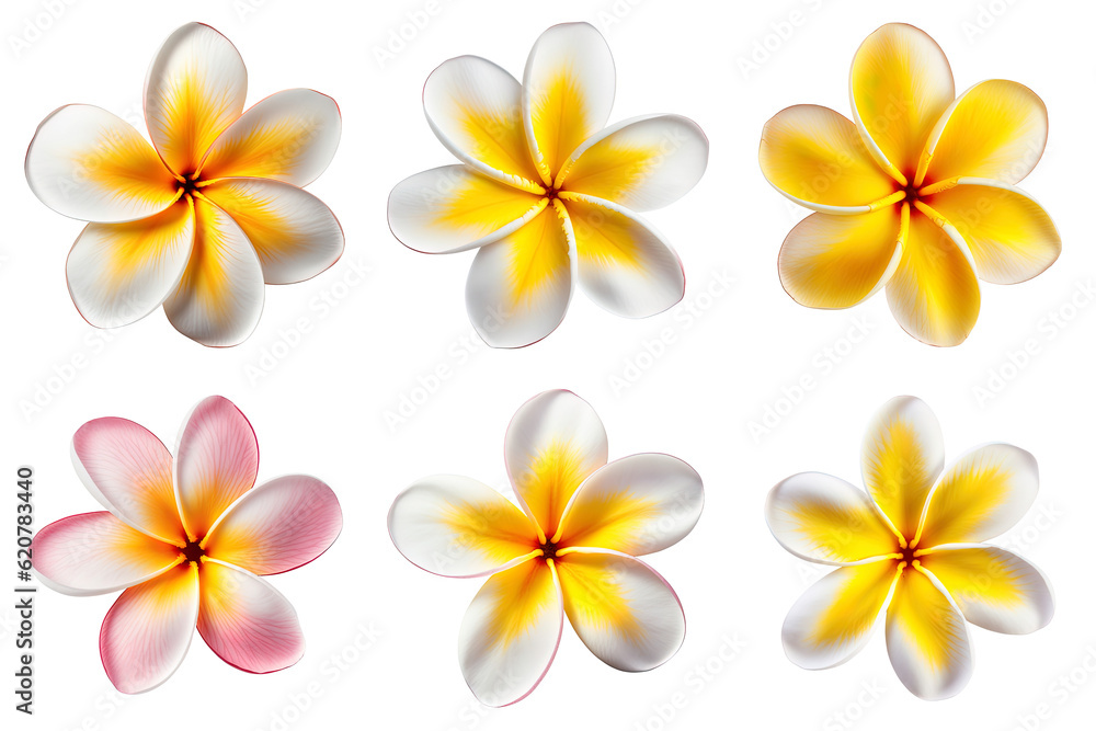Naklejka premium frangipani, plumeria flowers collection isolated on transparent background
