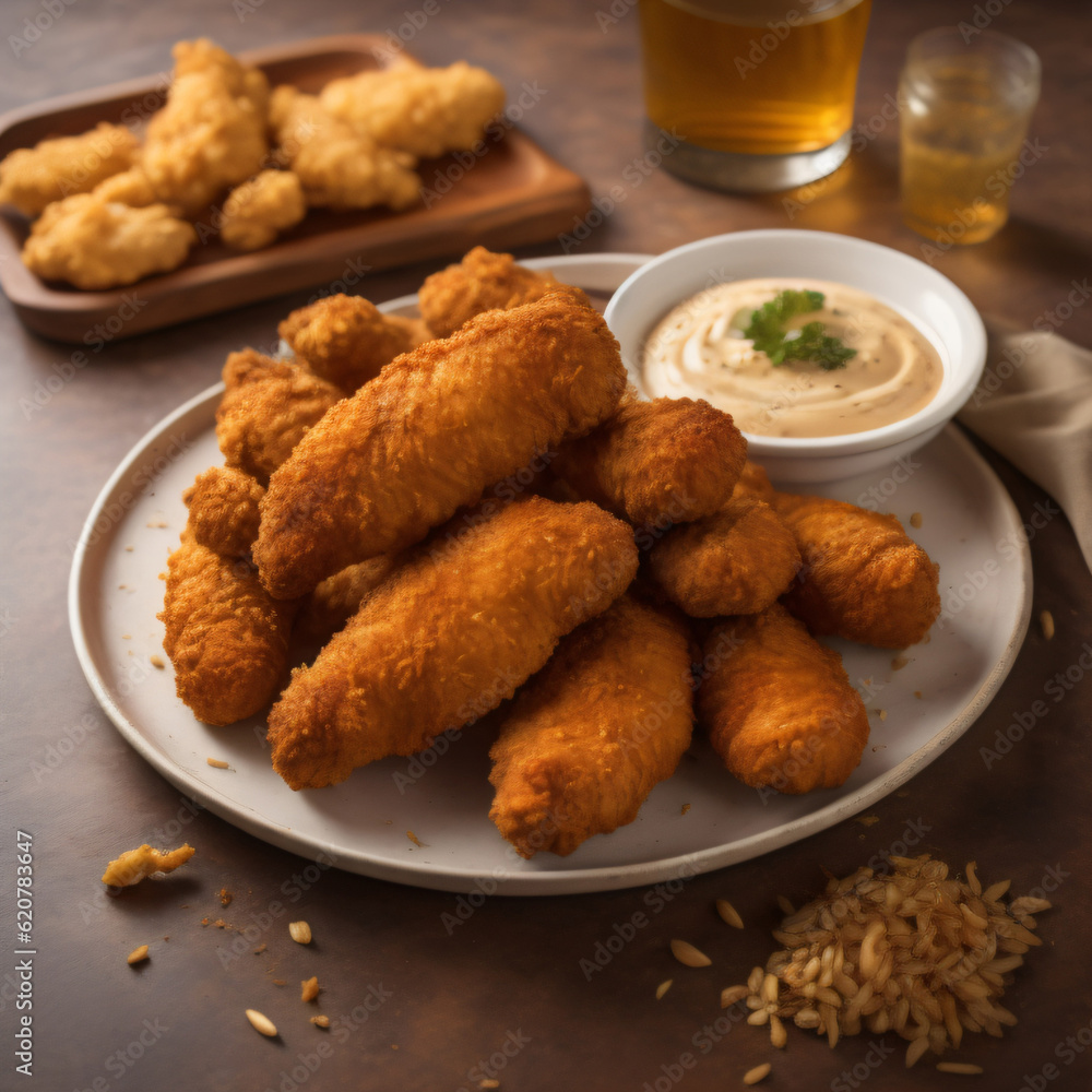 A tempting plate of crunchy fried chicken, golden and crispy on the outside, juicy and tender on the inside, served with a delectable dipping sauce A tempting plate of crunchy fried chicken, golden and crispy on the outside, juicy and tender on the inside, served with a delectable dipping sauce