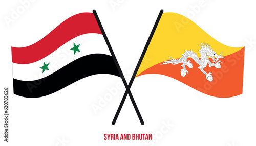 Syria and Bhutan Flags Crossed And Waving Flat Style. Official Proportion. Correct Colors.