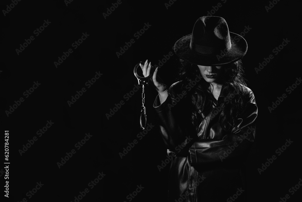 woman in a leather raincoat and hat with police handcuffs for BDSM sex with submission and domination woman in a leather raincoat and hat with police handcuffs for BDSM sex with submission and domination
