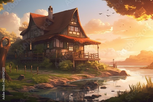 Beautiful anime illustration of a cottage in a scenic landscape. Generative AI