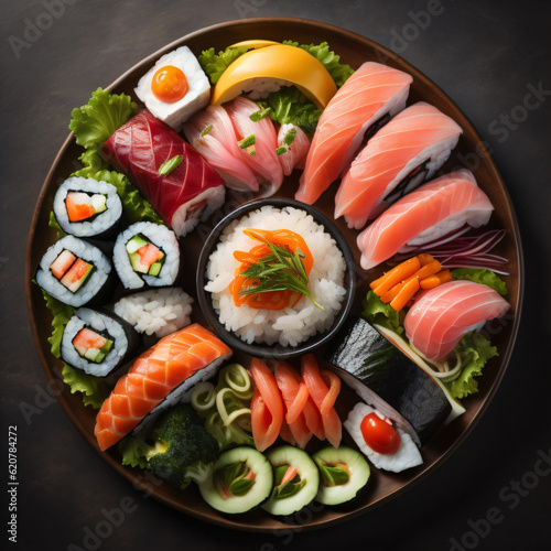 An exquisite sushi platter, showcasing a variety of meticulously crafted sushi rolls, nigiri, and sashimi, featuring fresh fish, vibrant vegetables, and delicate rice