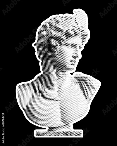 Halftone ancient gypsum sculpture. Collage design element in trendy magazine style. Vector illustration with vintage cutout shape.