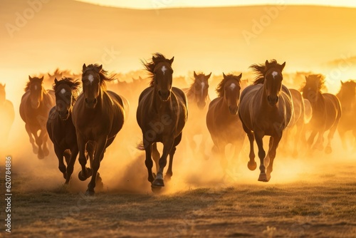 horses in the wild at sunset