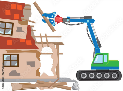 重機で木造住宅の解体工事をしている。