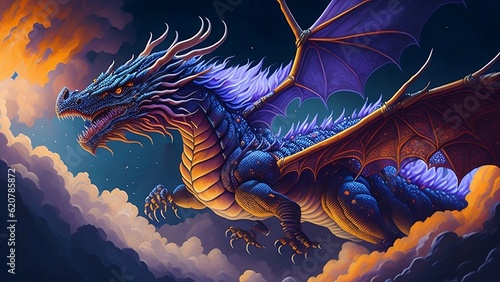 A Majestic Dragon Soaring Through The Clouds Scales Shimmering In Vibrant Colors And Breathing Fire