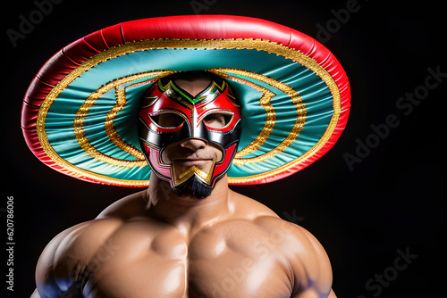  Image of a cartoon Mexican wrestler wearing a mask. (AI-generated fictional illustration) photo