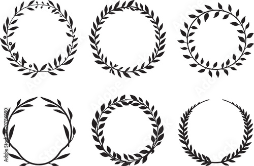 black circular foliate laurel branches vintage frame set vector illustration