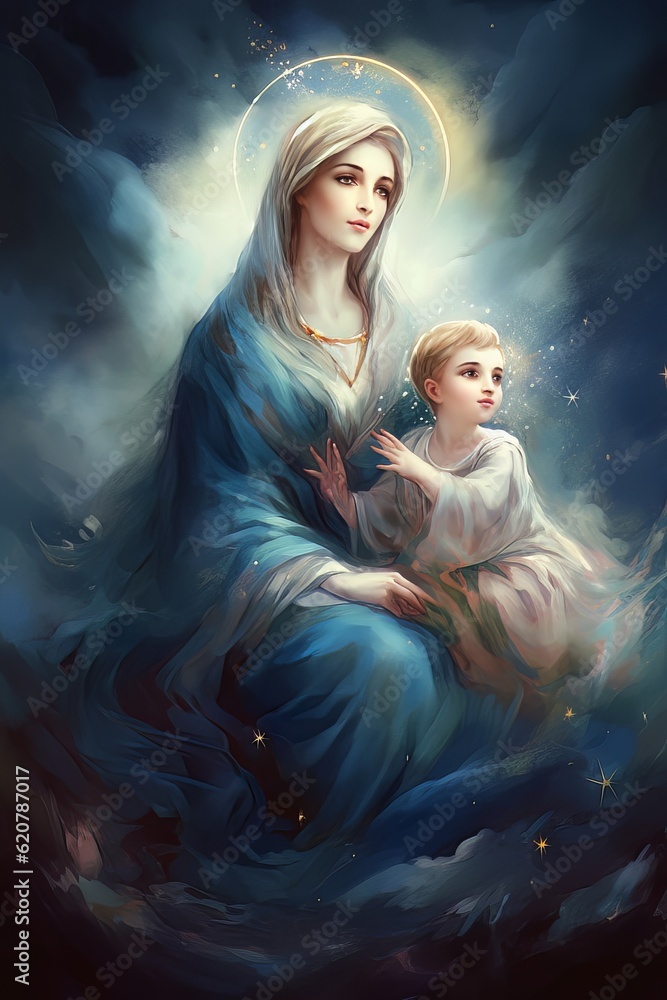 Biblical illustration of the Orthodox Mother of God Virgin Mary with the baby AI