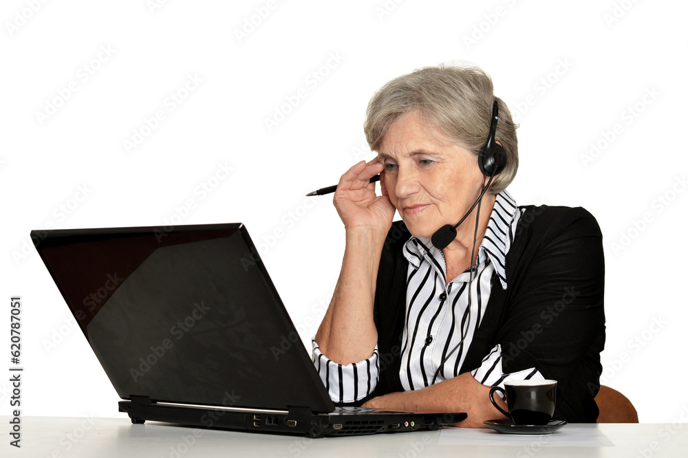 old woman working with laptop on white background old woman working with laptop on white background