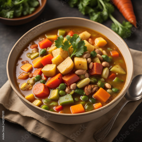 Hearty vegetable soup, showcasing a comforting bowl filled with a medley of seasonal vegetables like carrots, potatoes, celery, and peas
