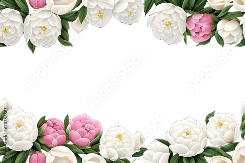 peonies and green leaves frame isolated on transparent background © Bonnie
