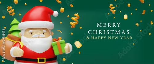 Merry Christmas and Happy New Year poster. Realistic 3d cartoon Santa Claus with funny smile, with bag of Christmas tree and gift. Greeting card, banner, web poster. Vector illustration advertising