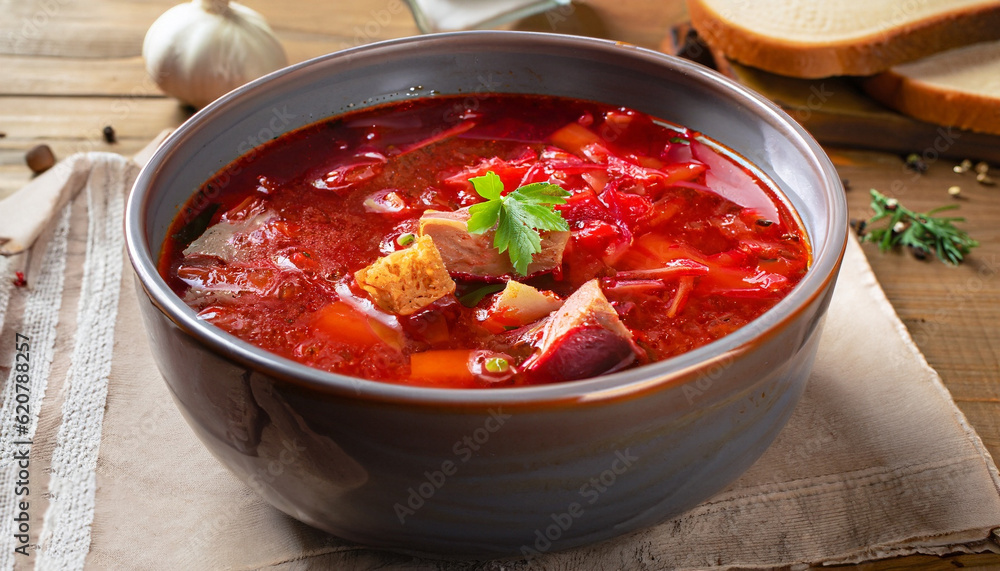 Borscht - Traditional Ukrainian dish. Vegetable soup made from beets, potatoes, cereals and boiled meat, and slices of rye bread in a ceramic bowl on a wooden kitchen table. Russian food cuisine Borscht - Traditional Ukrainian dish. Vegetable soup made from beets, potatoes, cereals and boiled meat, and slices of rye bread in a ceramic bowl on a wooden kitchen table. Russian food cuisine
