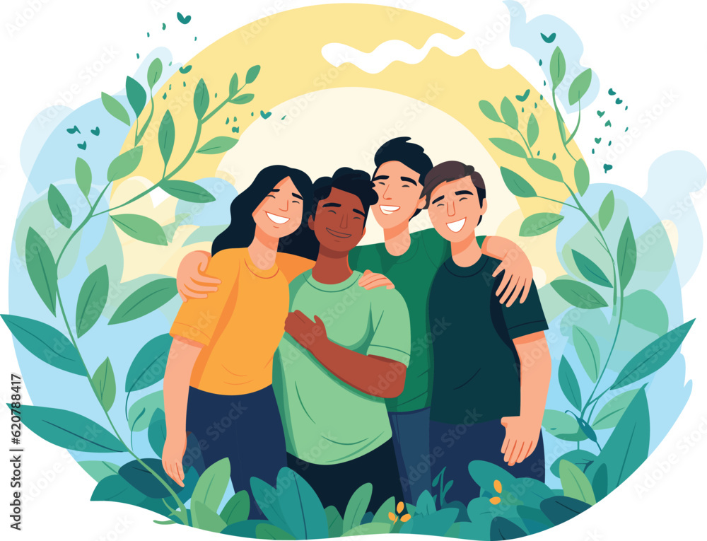 group of friends enjoying in the forest illustration, friendship day banner, happy friendship day illustration