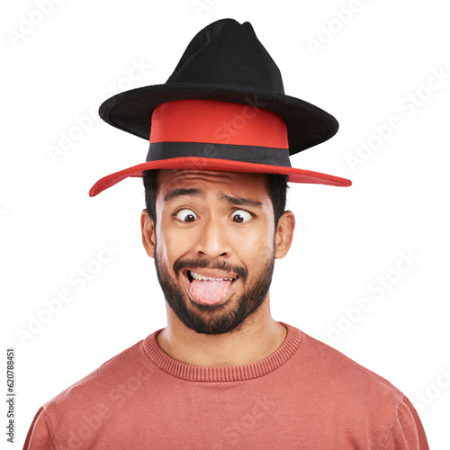 Goofy, asian man and silly hat with comic face in png or isolated and transparent background. Crazy, humor and male person with head accessory or comedy expression with fashion for joke or joy.