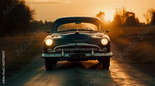 Dynamic Journey: Revving Up the Road with Speed, Classic Cars, and Golden Sunsets, generative AIAI Generated