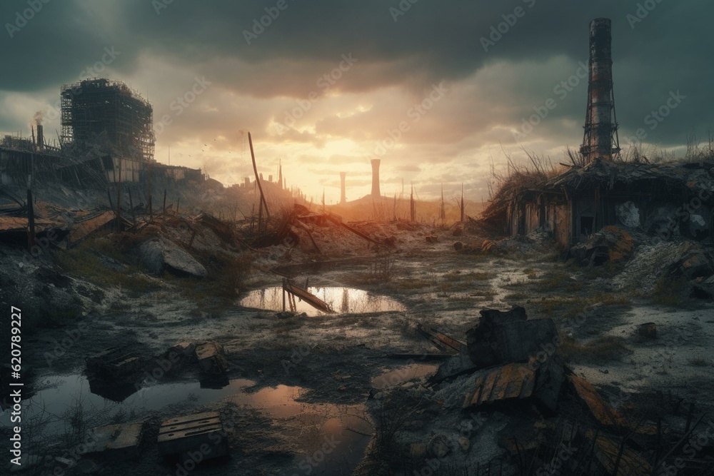 Illustration of a dystopian post-apocalyptic landscape with surreal elements. Generative AI