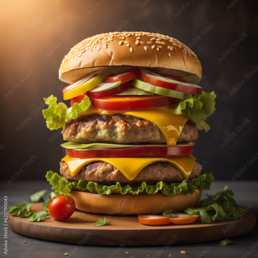 Fototapeta premium An appetizing burger stacked high with a juicy patty, fresh lettuce, ripe tomatoes, and melted cheese