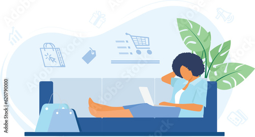 Latin american girl illustration using laptop for online shopping 