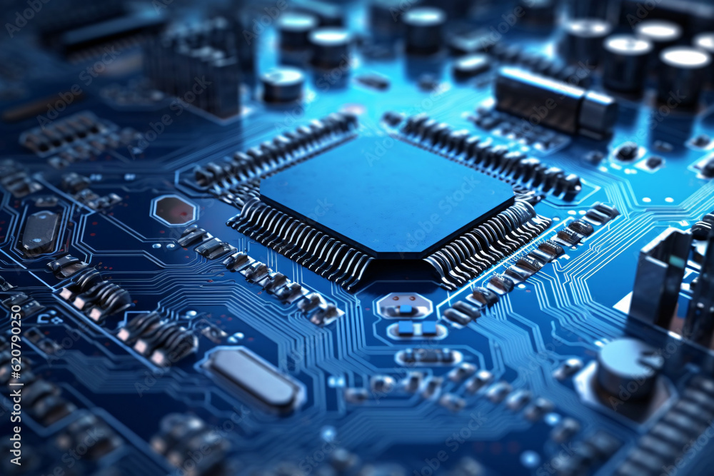 Close-up of electronic circuit board with processor. Generative AI technology.