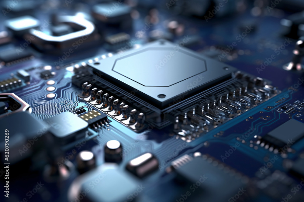 Close-up of electronic circuit board with processor. Generative AI technology. Close-up of electronic circuit board with processor. Generative AI technology.