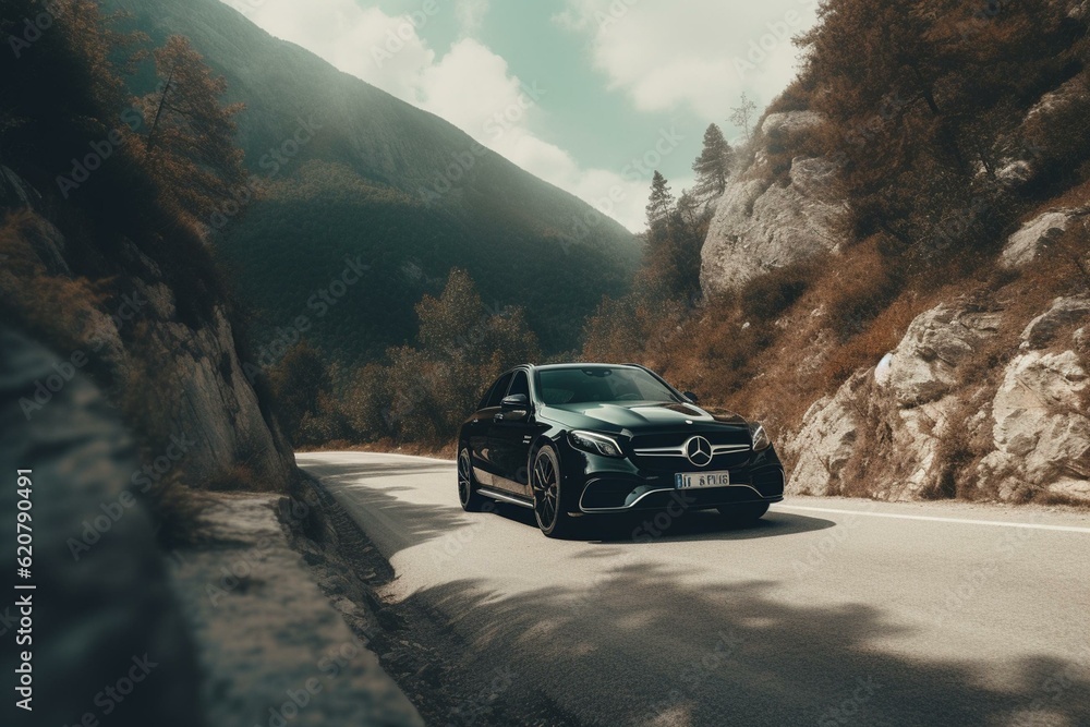 Luxury vehicle cruising scenic mountain roads. Generative AI