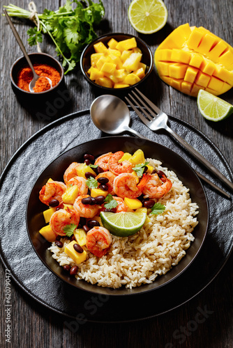 shrimps with beans  mango  brown rice in bowl