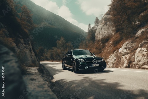 Luxury vehicle cruising scenic mountain roads. Generative AI