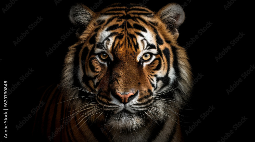 A close up of a tiger on a black background, Generative AI